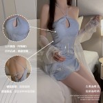 Guiruo Summer Hanging Neck Hollow out Temptation Slim Fit with Chest Pads Gathered Strap Sleeping Dress Outer Robe Home Suit Set 3417