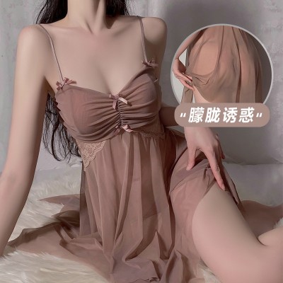 Guiruo Sexy Mesh Splice Lace Hollow Open Back Hot Perspective Temptation Women's Strap Fun Sleeping Dress 3298