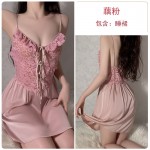 Guiruo Sexy Deep V Lace up Hollow Out Perspective Seduction Splice Satin Sweet Girl Sling Fun Sleeping Dress 19678