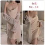 Guiruo minimalist style, solid color, sexy, low cut collar, open back, seductive satin nightgown, outerwear, home clothing set 1477