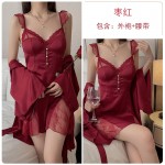 Guiruo Brand Silk Smooth Satin Combination Yarn Perspective Lace and Chest Cushion Sexy Open Back Sleeping Dress Outrobe Set J3179