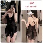 Guiruo Fun Underwear Sexy Perspective Temptation Deep V Backless Nightwear Lace Suspended Dress Home Suit Set 1641