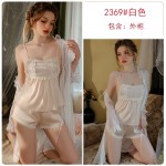 Guiruo Summer Satin Embroidery Lace Square Neck Pocket Style Suspender Shorts Sweet Outer Robe Home Suit Set 3486