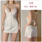 Guiruo Fun Lingerie Women's Sexy Satin Deep V Lace Backless Temptation Sleeping Dress Home Suit Set 700