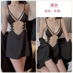 Guiruo Sexy Backless Temptation Ice Silk Pajamas with Chest Pads Gathered Strap Sleeping Skirt Outer Robe Home Suit Set 1667