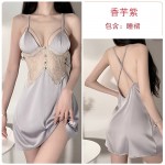 Rose like Sweet Lace Perspective Temptation with Chest Cushion Pajamas Gather Open Back Suspended Sleeping Dress Home Suit Set 2403