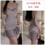 Guiruo Summer Ice Silk Pajamas Comfortable Perspective Sweet Mesh and Chest Cushion Suspender Sleeping Dress Outer Robe Women's Set 2419