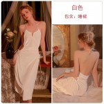 Guiruo French Velvet Sexy Open Back Hollow out Temptation Hanging Neck Strap Long Sleeping Dress Home Suit Set P2872