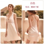 Guiruo New Fun Underwear Imitation Silk Sexy Deep V Lace Temptation Sling Dress Sleepwear Home Suit Set 255