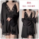 Guiruo Satin Embroidery Lace Sexy Deep V Suspended Nightwear Pajamas Lace up Solid Coat Home Suit Set 267