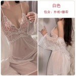 Guiruo Fun Lingerie Sexy Mesh Perspective Solid Color Pajamas Open Back Suspended Dress Outer Robe Home Suit Set 2131