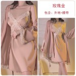 Guiruo Summer Ice Deep V Cross Lace with Chest Cushion Hanging Strap Sleeping Dress Lazy Outer Robe Home Suit Set 3789