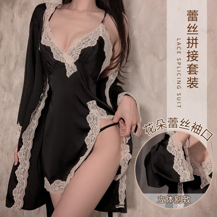 Ruo Ruo Sexy Split seductive Lace Solid Color Pajamas Open Back Suspended Sleeping Dress Outer Robe Women's Home Furnishing Set 893