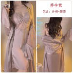 Guiruo Satin Open Back Deep V Pure Lace Pajamas with Chest Pads, Sleeping Skirts, Lace Up Outskirts, Home Fur Set 2744