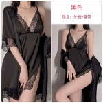 Guiruo Sexy Satin Lace Lace Pajamas Sexy Deep V Sling Pajama Dress Pajama Bathrobe Home Suit Set 245