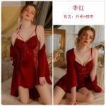 Guiruo Pure Desire Sexy Backless Lace Perspective with Chest Pads Gathered Strap Skirt Outer Robe Home Suit Set C3461