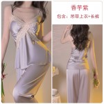 Guiruo Autumn and Winter New Satin Lace and Chest Cushion Slim Fit Suspender Top Long Pants Lace up Outer Robe Home Suit Set