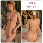 Guiruo Brand Sexy Backless Temptation Women's Style with Chest Pads Gathered Strap Sleeping Dress Outer Robe Home Furnishing Set 2371