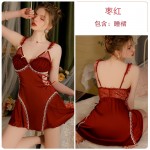 Guiruo New Style with Chest Cushion Gather Sexy Sleepwear Ice Silk Sling Sleeping Dress Outer Robe Pure Desire Home Suit Set 3248