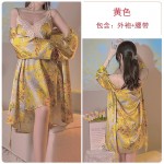 Guiruo Brand Yellow Fragmented Flower Chest Cushion with Satin Cross Lace Waist for Slim and Comfortable Sleeping Dress Outrobe Set 3788