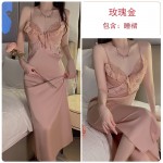 Guiruo Satin Lace and Chest Cushion Combination Sexy Backless Pure Desire Split Sleeping Dress Outer Robe Home Set J2970