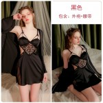 Guiruo Pure Desire Style Satin Patched Lace Sexy V-neck with Chest Pads Perspective Hollow Sleeping Dress Outer Robe Set 2978