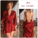 Guiruo Sexy Strap Temptation Pajamas Sweet Bow Deep V Suspended Pajama Dress Outer Robe Home Suit Set 2065