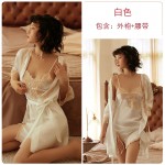 Guiruo Sexy Deep V Satin Embroidery Sexy Hem Split Sexy Drop Sleeping Dress Outer Robe Home Suit Set 766