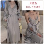 Guiruo Satin Lace and Chest Cushion Combination Sexy Backless Pure Desire Split Sleeping Dress Outer Robe Home Set J2970