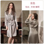 Guiruo Brand European and American Spring/Summer Home Fur Sexy Deep V Imitation Silk Private Room Mid length Nightgown Bathrobe Set 879