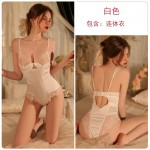 Ruo Ruo Sexy Deep V Lace Chest Cushion Pure Desire Open Crotch No Take Off One Piece Cuffs Feather Satin Outer Robe Set 2258