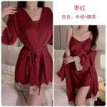 Guiruo Lingerie Summer Solid Color Ice Silk Waist Slim Lace Up Fold Suspended Sleeping Dress Outer Robe Home Set 1517