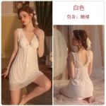 Guiruo Sexy Backless Seduction Lace Sweet Pajamas with Breast Pads Pajama Skirt Mesh Outer Robe Home Suit Set 2238