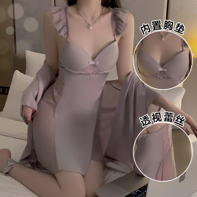 Guiruo Sexy Open Back with Chest Cushion Steel Ring Gathering Light Luxury Satin Nightgown Outer Robe Women's Home Set P3119