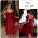 Guiruo Sexy Satin French Lace Backless and Chest Cushion Sleeping Dress Loose Women's Outrobe Home Suit Set W2799