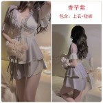 Guiruo Satin Collage Sexy Deep V Perspective Lace and Chest Cushion Open Pleasure Top Shorts Home Suit 3571