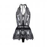 Guiruo Fun Lingerie Sexy Lace Perspective Attractive Low cut Bodysuit Stripless Backless Uniform Fury Set 2103