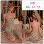 Guiruo Brand Sexy Lace Perspective Deep V Suspended Sleeping Dress Lace Loose Outer Robe Large Homewear Set 311