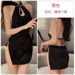 Guiruo Fun Lingerie Retro Standing Neck Plate Buckle Sexy Open Back Double Split Fork Charming Uniform Qipao Dress Set 3070