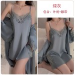 Guiruo Satin Lace Lace Hollow Splice Lace Simple and Comfortable Hanging Strap Sleeping Dress Outer Robe Women's Homewear Set 542