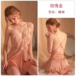 Guiruo Sexy Deep V Lace Perspective Temptation Open Back Suspended Sleeping Dress Cardigan Outer Robe Women's Home Fury Set 1854