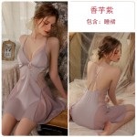 Guiruo Sexy Satin Patchwork with Transparent Lace Chest Pads Cross Back Seduction Sleeping Skirt Outer Robe Home Set 3337