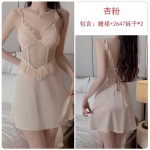 Ruo Ruo Satin Face with Chest Cushion Perspective Lace Deep V Temptation Sweet Flying Sleeves Sexy Backless Homewear Sleepwear J3305