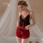 Guiruo Sexy Sweet Satin Lace Deep V Temptation Sling Top Shorts Comfortable Sleepwear Two Piece Set 19323