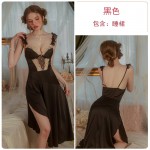 Ruo Ruo Solid Satin Face and Chest Cushion Lace Hollow Split Temptation Sling Home Long Sleeping Dress Women's Set J3036