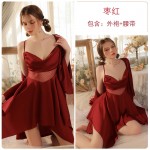 Guiruo Sexy Backless Temptation Ice Silk Pajamas Mesh Perspective Temptation Sling Skirt Outer Robe Home Suit Set 3254