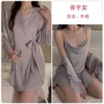 Guiruo Sexy Backless Temptation Ice Silk Pajamas Simple Sling Sleeping Dress Lace up Outer Robe Women's Home Furnishing Set 1910