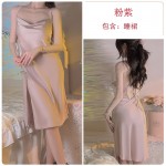 Guiruo Sexy Open Back Ice Silk Simple Sleeping Women's Clothing Open Back Suspended Sleeping Dress Outer Robe Women's Home Furnishing Set 3430