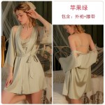 Guiruo New Autumn and Winter Sexy Women's Silk Smooth Satin Casual Suspended Sleeping Dress Open Back Outer Robe Home Suit Set 2063