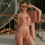 Guiruo Brand Sexy Open Front Outrobe Lace up Satin Lace Perspective Three Piece Women's Homewear Set 2507